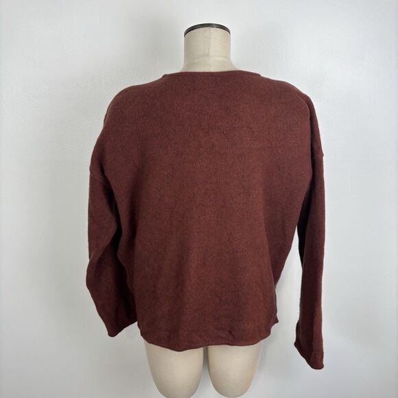 Eileen Fisher Cardigan Sweater Lambs Wool Knit Pockets Zip Up Dark Red M Flawed - Picture 2 of 7